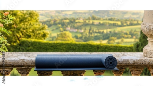 Rolled Yoga Mat on Stone Balustrade with Scenic View