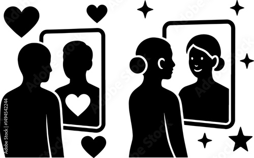 Silhouettes of people looking into the mirror with hearts and stars around.eps