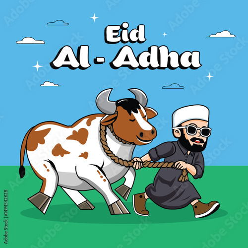 Trendy Muslim Boy And Cow In Eid Al-Adha Islamic Day