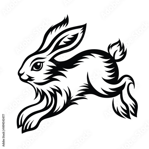 Stylized Black and White Hare Illustration, Leaping Movement, Decorative Design, Simple Art