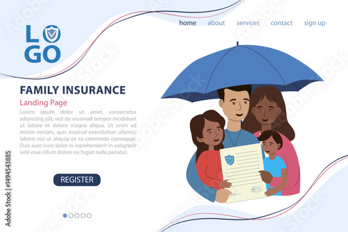 Landing page with family insurance theme, can be used for, template, ui, web, mobile app, poster, banner, flyer.