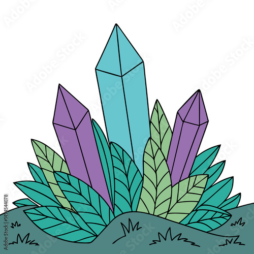 Vibrant magical crystal cluster illustration for metaphysical blogs, new age websites, crystal healing guides, gemstone identification charts and fantasy-themed design projects