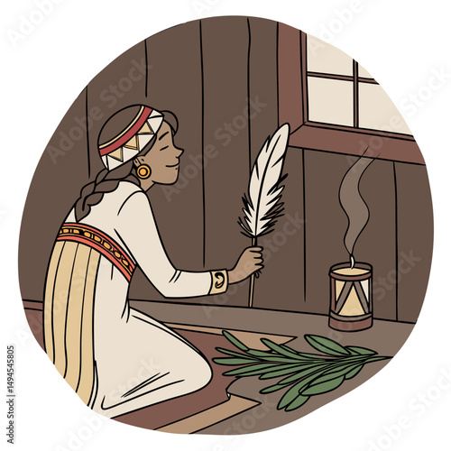 Sage smudging ritual illustration for spiritual websites, energy cleansing guidance, holistic wellness blogs, meditation practice visuals, and alternative healing content