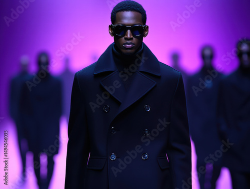 Runway Elegance: A fashion model confidently strides down a runway, exuding style and sophistication in a designer ensemble under the vibrant glow of spotlights.