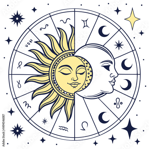 Sun and moon symbols in the astrological circle for Spiritual Websites, Tarot Cards, Astrology Blogs and Solstice Celebration Graphics - Ancient Solar Symbol 