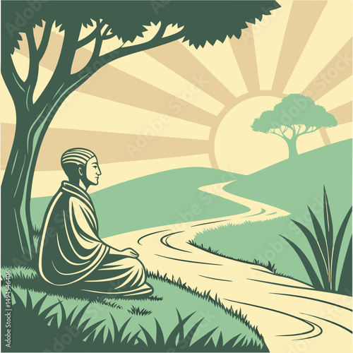 Spiritual enlightenment sunrise nature scene for meditation apps, wellness blogs, mindfulness training visuals, spiritual coaching materials, and consciousness expansion content