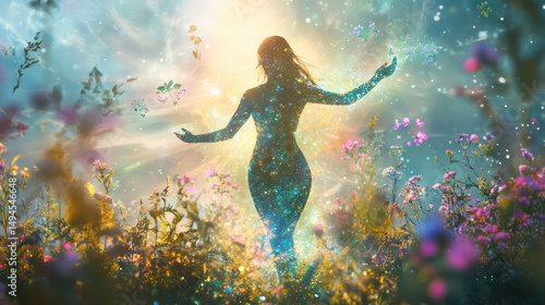 Wallpaper Mural A mystical figure emerges gracefully from a vibrant, blooming meadow, bathed in a halo of celestial light, her silhouette radiating an aura of ethereal peace. Torontodigital.ca