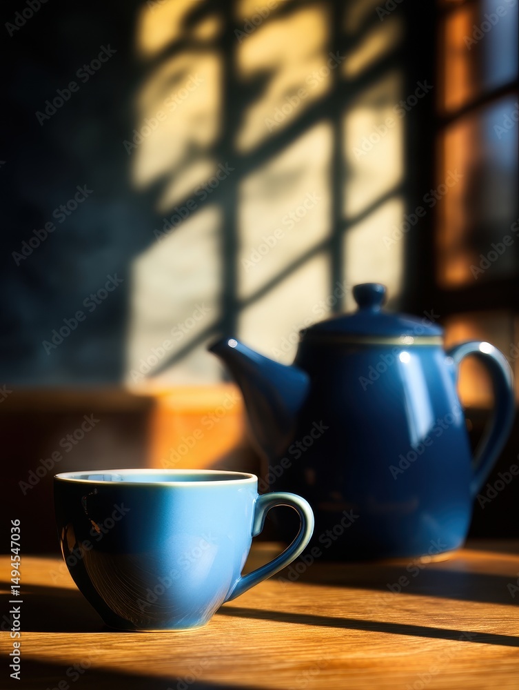 Fototapeta premium A serene scene featuring a blue cup and teapot on a wooden table with soft shadows