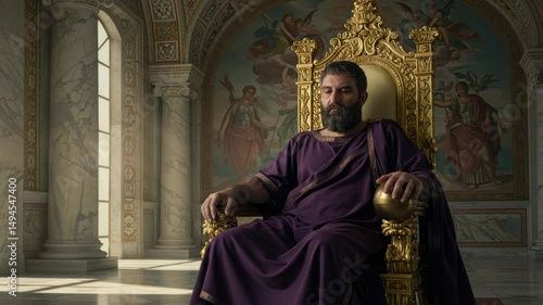 Ancient Ruler Contemplating Power on Ornate Throne with Classical Backdrop