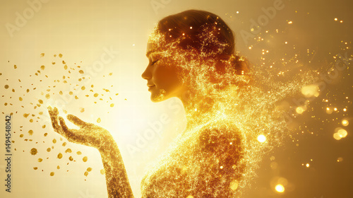 Golden Radiance: A woman, her form dissolving into golden light and particles, embodies radiance, transformation, and inner power.