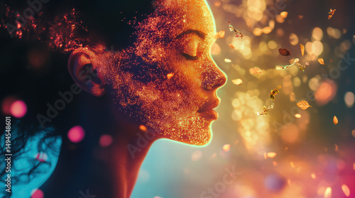 Inner Serenity: A serene young woman embodies a moment of introspection, with her eyes gently closed and a dreamy expression, as ethereal particles dance around her.