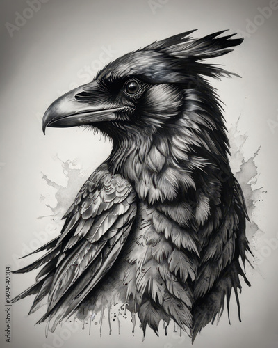 Intricate black and white ink drawing of a majestic raven with detailed feathers and dynamic splatter effects