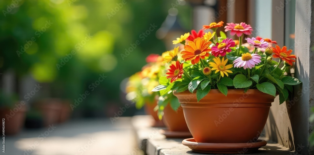 A vibrant terracotta pot overflowing with lush, colorful flowers sits outdoors, bathed in sunlight The scene evokes a feeling of summer and garden freshness , decoration, spring A vibrant terracotta pot overflowing with lush, colorful flowers sits outdoors, bathed in sunlight The scene evokes a feeling of summer and garden freshness , decoration, spring