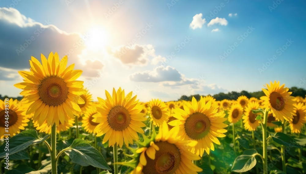 Obraz premium A vibrant sun shines down on a field of blooming sunflowers, creating a joyful and carefree scene Perfect for themes of positivity, optimism, and summer bliss , serene, cheerful, summer