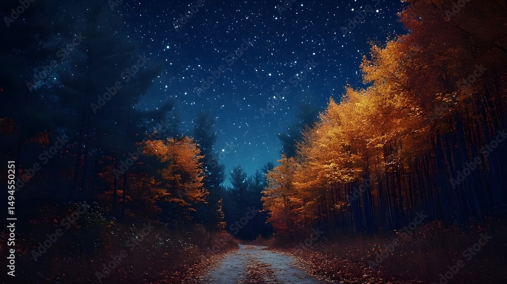 Obraz premium Starlit autumn night walk through whispering golden woods a peaceful escape to nature s heart under celestial skies with