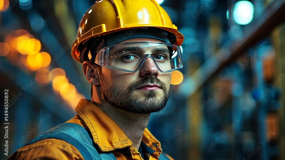 Focused worker in safety gear amidst a vibrant industrial setting, showcasing dedication Focused worker in safety gear amidst a vibrant industrial setting, showcasing dedication