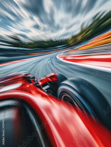 Speed and Precision: A vibrant shot captures a Formula 1 car, blazing down the racetrack with speed and determination, capturing the thrilling essence of motorsport