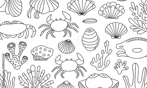 Design a seamless vector pattern featuring detailed marine life illustrations, easily scalable and editable.