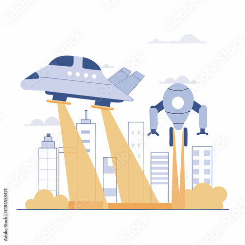 Spaceship and robot flying over a city isolated on white background