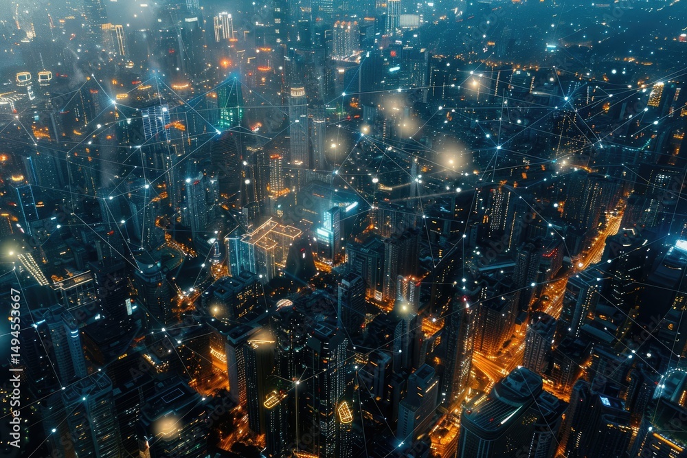 Vibrant Color Image of Aerial View of Cityscape at Night with Connectivity Links Vibrant Color Image of Aerial View of Cityscape at Night with Connectivity Links