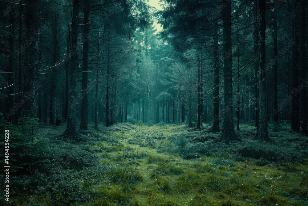 Obraz premium Dense green forest with tall trees and a carpet of lush grass under a serene sky.