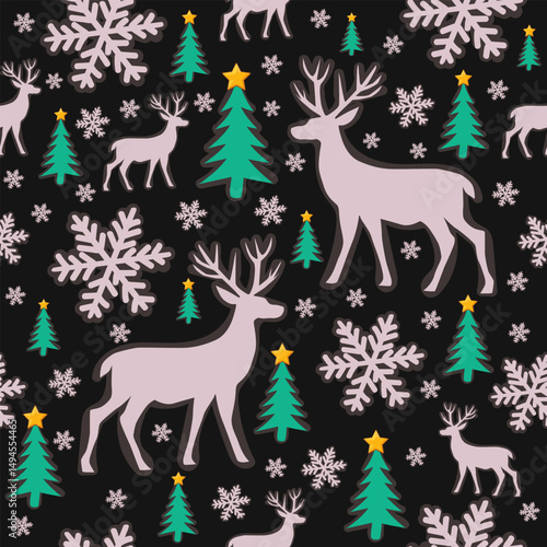 Deer and Snowflakes Pattern on Black