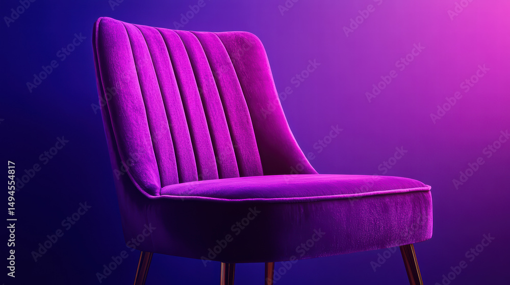 Obraz premium Luxurious Velvet Chair in Vivid Color: A sumptuous, modern chair, upholstered in rich velvet and bathed in a gradient of purple and violet hues. Embodying sophisticated design.