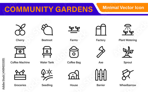 Modern Urban Farming Icons for Community Gardens – Clean Outline, Line Art, Vector Illustrations for Sustainable Farming, Urban Green Projects, and Apps