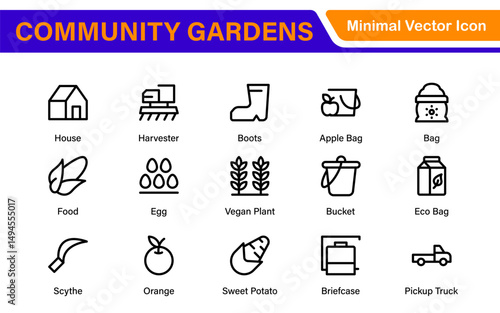 Modern Urban Farming Icons for Community Gardens – Clean Outline, Line Art, Vector Illustrations for Sustainable Farming, Urban Green Projects, and Apps