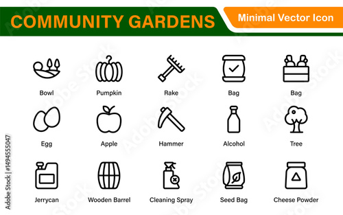 Modern Urban Farming Icons for Community Gardens – Clean Outline, Line Art, Vector Illustrations for Sustainable Farming, Urban Green Projects, and Apps