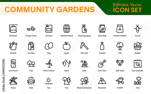 Modern Urban Farming Icons for Community Gardens – Clean Outline, Line Art, Vector Illustrations for Sustainable Farming, Urban Green Projects, and Apps