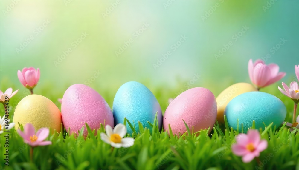 Fototapeta premium Pastel colored Easter eggs nestled in spring flowers and green grass, creating a cheerful springtime backdrop , easter elements, easter chick, holiday
