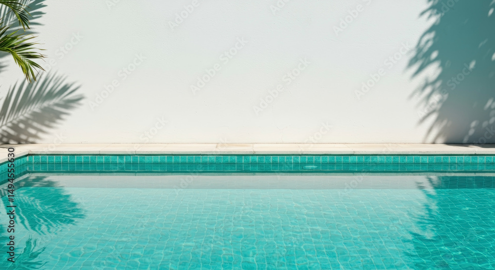 Turquoise swimming pool with tiled floor and metal ladder against white wall with palm tree shadows. Luxury resort amenity. Summer vacation concept. Hotel recreation area. Travel destination Turquoise swimming pool with tiled floor and metal ladder against white wall with palm tree shadows. Luxury resort amenity. Summer vacation concept. Hotel recreation area. Travel destination