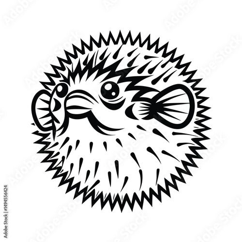 Stylized Black Silhouette Pufferfish with Spikes, Sharp Teeth, and Round Eyes on White