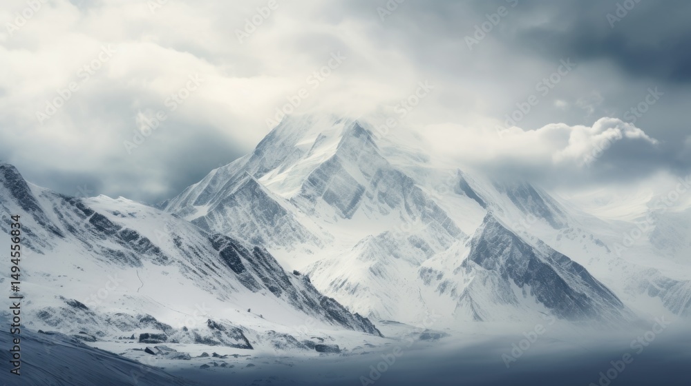 Snow-covered mountain peaks enveloped in clouds under a moody sky. Snow-covered mountain peaks enveloped in clouds under a moody sky.