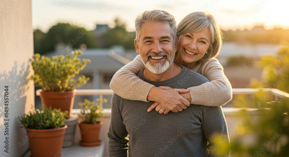 Fototapeta premium Happy Senior Couple Embracing on Balcony at Sunset..