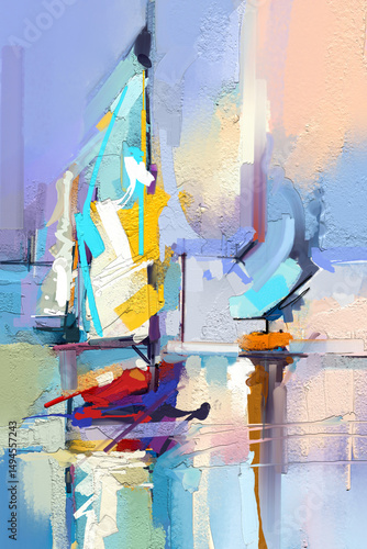 Colorful oil painting on canvas texture. Impressionism image of seascape paintings with sunlight background. Modern art oil paintings with boat, sail on sea. Abstract contemporary art for background
