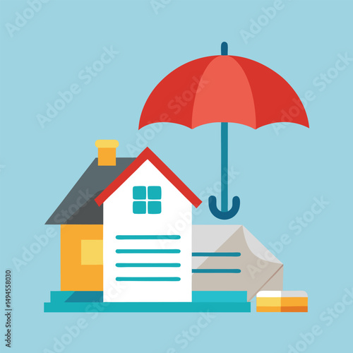 House property insurance, house and insurance document under umbrella vector illustration.