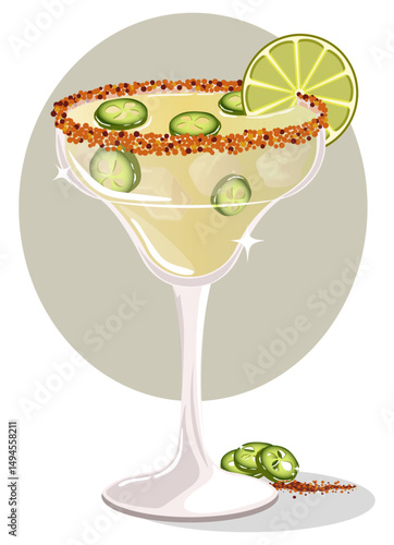 Isolated Spicy Margarita Illustration: Jalapeños, Lime & Salt Rim