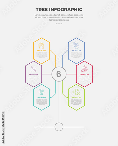 tree shape visualization infographic outline style with 6 point template with vertical hexagon shape with line circle connection for slide presentation