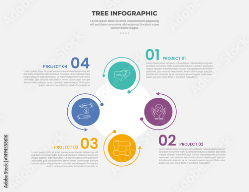 tree shape visualization infographic outline style with 4 point template with small circle circular around with arrow line for slide presentation