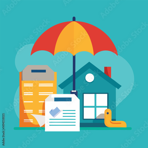 House property insurance, house and insurance document under umbrella vector illustration.