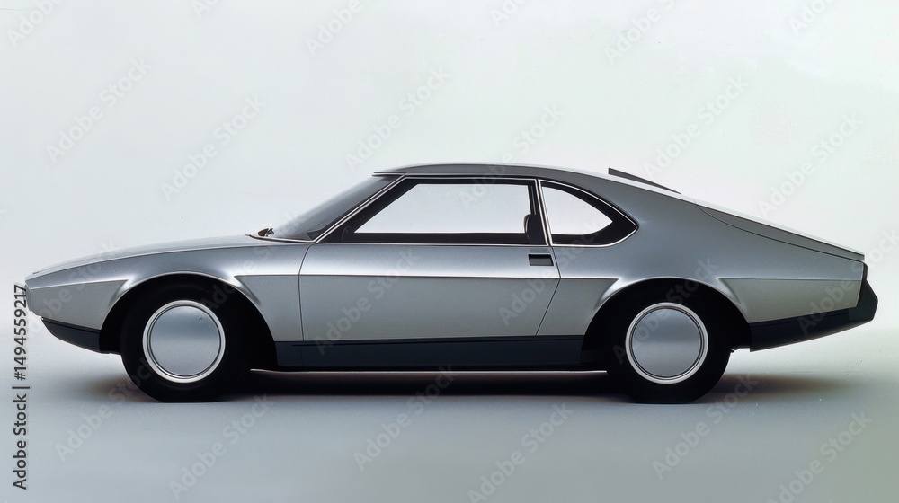 Modern silver sports car with sleek lines and a retro-futuristic design. Modern silver sports car with sleek lines and a retro-futuristic design.