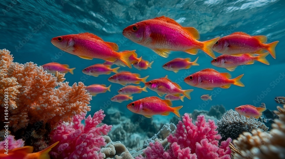 Naklejka premium Coral Reef Symphony: A vibrant school of fish, their scales shimmering with pink and gold, navigate a colorful coral reef, creating a mesmerizing underwater ballet.