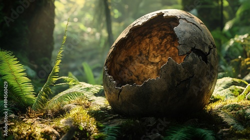 Mysterious discovery: Cracked egg resting in the lush undergrowth of a primeval forest