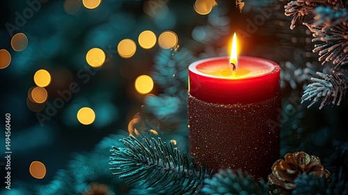 Burning red candle on Christmas tree, festive lights in background