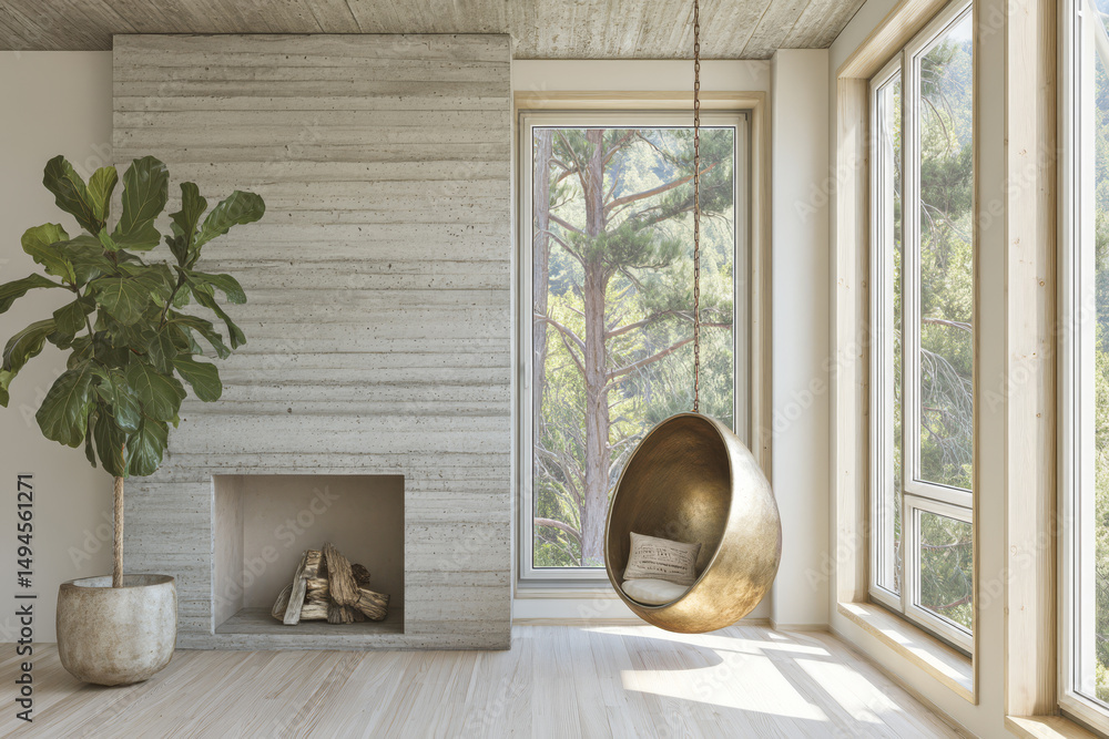 Fototapeta premium Modern living room featuring a unique hanging chair and indoor plant with large windows