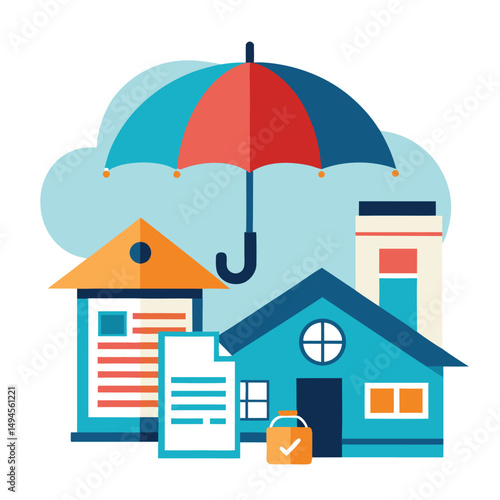 House property insurance, house and insurance document under umbrella vector illustration.