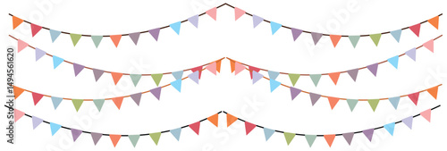 Carnival coloured garlands and bunting. Festive triangle flags on rope for decoration of party, holiday, event, festive, celebration. Colorful pennants for banner, flyer template Vector design element