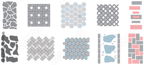 Tile for street pavement or park sidewalk. Road pattern street. Set of top view vector street pavements or park sidewalk road pattern street tile. Floor tiles with rock, brick and cobble stone texture
